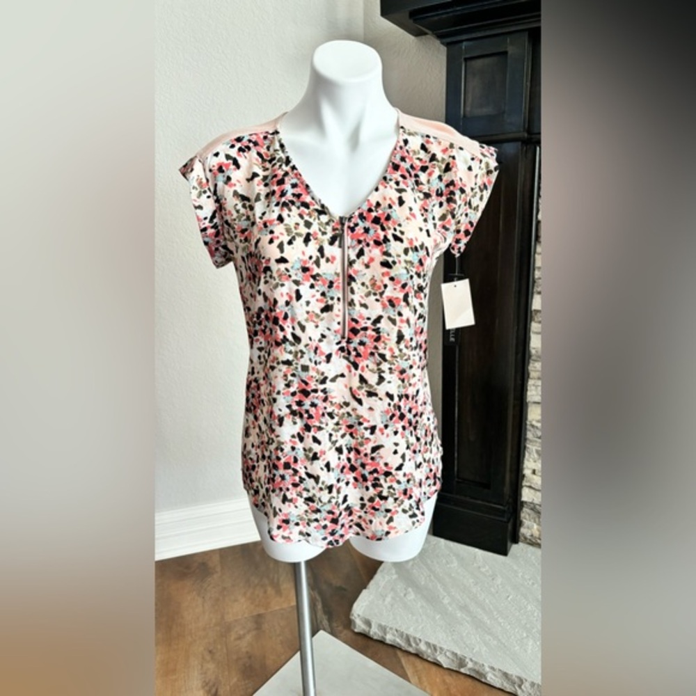 My Michelle Cap Sleeve‎ Pastel Pink Multicolor 1/4 Zip Blouse Women's Size Small